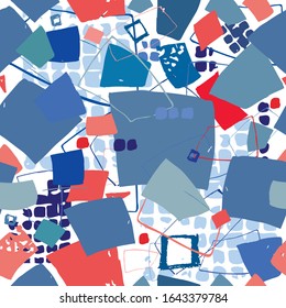 Abstract handmade seamless pattern. Square shapes of red and blue colors. Contrast holiday wrapping paper, textile. Modern wallpaper. 