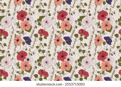 Abstract Handmade textile art highlighted by bold Flowers arrangements in seamless vector repeat, ideal for trendy shirts, dupatta prints, and intricate gift wrapping.