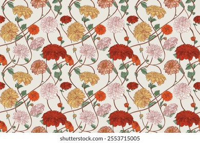 Abstract Handmade textile art highlighted by bold Flowers arrangements in seamless vector repeat, ideal for trendy shirts, dupatta prints, and intricate gift wrapping.