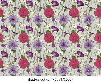 Abstract Handmade textile art highlighted by bold Flowers arrangements in seamless vector repeat, ideal for trendy shirts, dupatta prints, and intricate gift wrapping.