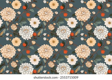 Abstract Handmade textile art highlighted by bold Flowers arrangements in seamless vector repeat, ideal for trendy shirts, dupatta prints, and intricate gift wrapping.