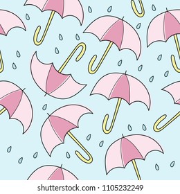Abstract handmade umbrella and drop seamless pattern background. Childish handcrafted wallpaper for design card, baby nappy, diaper, scrapbook, holiday wrapping paper, textile, bag print, t shirt
