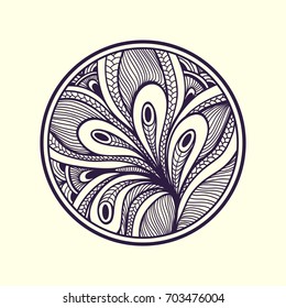 Abstract handmade Zen doodle Zen tangle background black on white  in circle for coloring page or relax coloring book or for decoration different things