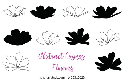 Abstract Handrawn Cosmos Flowers, Outline And Silhoutte