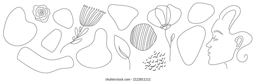 Abstract handrawn linear shapes with flowers and leaves. Vector simple set for background, logo and posters. Creative illustration bundle