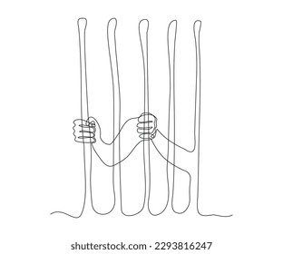 abstract hands behind bars, captivity, prison, incarceration Continuous One Line Drawing