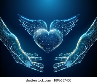 Abstract hands holding blue heart with wings.  Low poly style design. Abstract geometric background. Wireframe light connection structure. Modern 3d graphic concept. Isolated vector illustration.