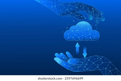 Abstract hands holding a digital cloud computing icon with low-poly up and down arrows. Cloud computing concept