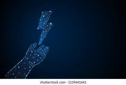 Abstract hands holding energy symbols. Concept of world energy day or energy saving. Digital low poly wireframe style design with connection points. vector illustration
