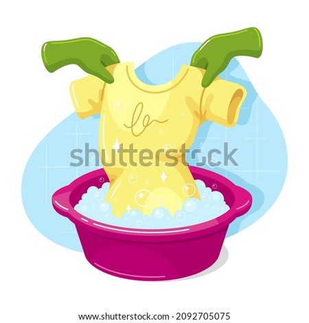 Abstract hands in rubber gloves washing t shirt clothes in basin with bubble detergent vector flat illustration. Wet hygienic cleaning of apparel household or laundry isolated. Domestic laundering