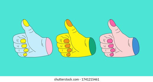 Abstract hands showing thumb up in minimalistic pop art style isolated on white background. Like pose sign, symbol. Gesture with finger up for poster, template, pin up, psychedelic design.