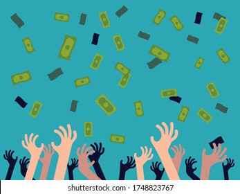 Abstract hands trying to catch falling money bills. Huge money giveaway concept vector illustration. Pledging or donating to society. Money rain