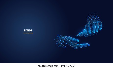 Abstrakte Hände mit Sanitizer in dunkelblau. Digitaler Vektorgrafik-Wireframe für antiseptische Flaschen sieht aus wie Sternenhimmel. Hygiene, Desinfektion, Vorbeugungskonzept. Low-Poly-Maschen mit Punkten, Linien und Formen 