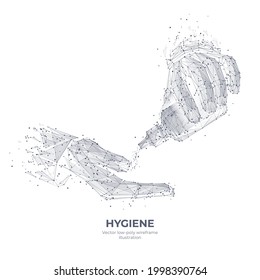 Abstract hands using sanitizer isolated in white. Digital vector antiseptic bottle wireframe. Hygiene, disinfection, prevention concept. Low poly sketch drawing with connected dots, lines and shapes 
