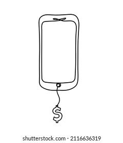 Abstract  handset with dollar as line drawing on white background. Vector