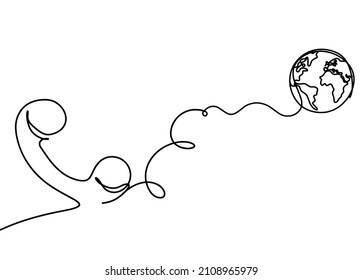 Abstract handset with globe as line drawing on white background. Vector