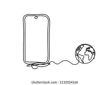 Abstract handset with globe as line drawing on white background. Vector