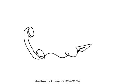 Abstract handset with paper plane as line drawing on white background. Vector