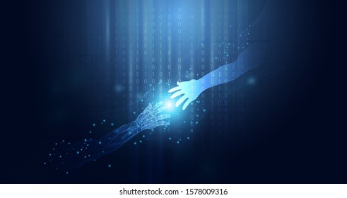 Abstract handshake of artificial intelligence and humans on blue background.