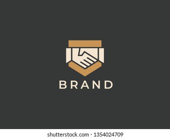Abstract handshake business logo, vector logo. Two hands make a deal on the shield background. Trust, friendship, partnership, agreement, business, success, money, deal, contract, team, symbol icon.