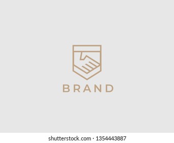 Abstract handshake business logo, vector logo. Two hands make a deal on the shield background. Trust, friendship, partnership, agreement, business, success, money, deal, contract, team, symbol icon.
