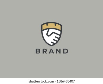 Abstract Handshake Business Logo, Vector Logo. Two Hands Make A Deal. Hands, Shield, Crown. Trust, Friendship, Partnership, Agreement, Business, Success, Money, Deal, Contract, Team, Symbol Icon.