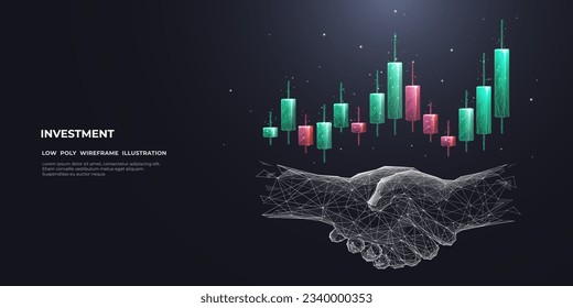 Abstract handshake and colored stock market candlestick. Trading and investment concept. Digital growing graph chart. Low Poly wireframe vector illustration on dark background. Best deal symbol