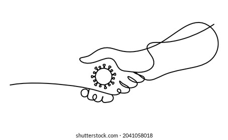 Abstract handshake and corona virus as line drawing on white background. Vector