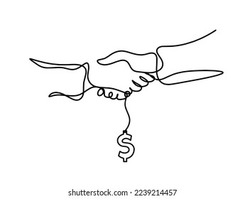 Abstract handshake with dollar as line drawing on white background. Vector
