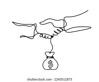 Abstract handshake with dollar as line drawing on white background. Vector