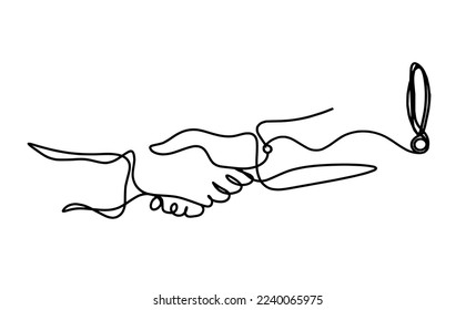 Abstract handshake with exclamation mark as line drawing on white background. Vector