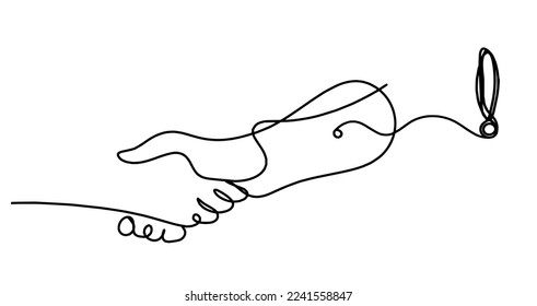 Abstract handshake with exclamation mark as line drawing on white background. Vector