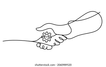 Abstract handshake and gears wheels as line drawing on white background. Vector