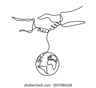 Abstract handshake and globe as line drawing on white background. Vector
