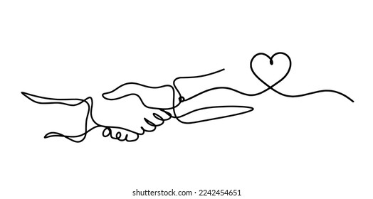 Abstract handshake with heart as line drawing on white background.Vector