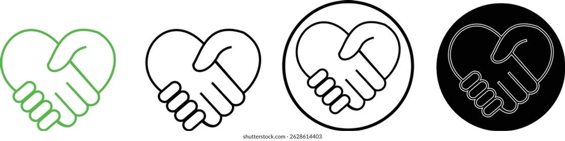 Abstract handshake heart vector icon set. Sign friendship or partnership icons. Peace and love symbol. The is suitable for web design, mobile apps, silhouette editable stroke transparent background