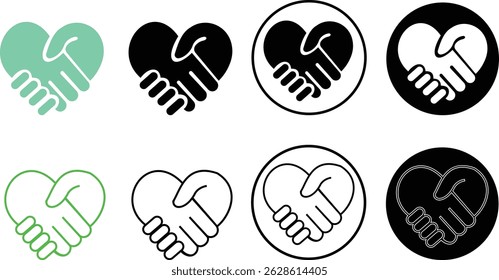Abstract handshake heart vector icon set. Sign friendship or partnership icons. Peace and love symbol. The is suitable for web design, mobile apps, silhouette editable stroke transparent background