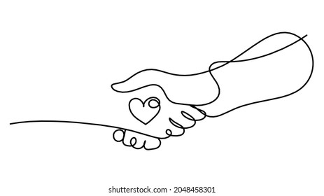 Abstract handshake and hearts as line drawing on white background. Vector