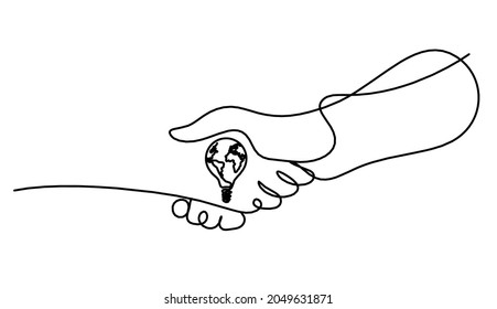 Abstract handshake and lamp with globe as line drawing on white background. Vector
