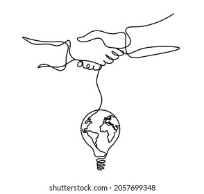 Abstract handshake and lamp with globe as line drawing on white background. Vector