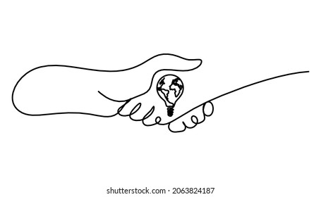 Abstract handshake and lamp with globe as line drawing on white background. Vector