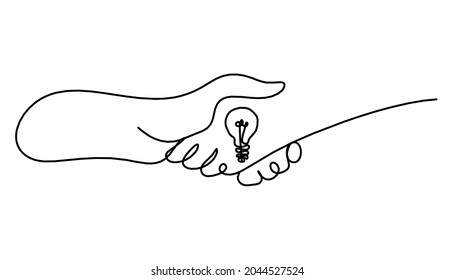 Abstract handshake and lamp as line drawing on white background. Vector