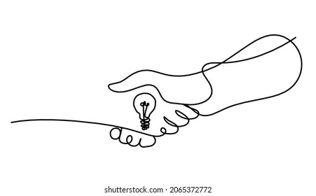 Abstract handshake and lamp as line drawing on white background. Vector