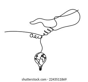 Abstract handshake with light bulb as line drawing on white background. Vector