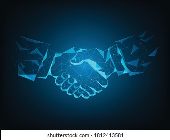 Abstract handshake line poly on dark blue background. Business agreement success concept. Hands link internet connection. Vector illustration in flat design.