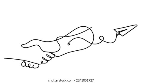 Abstract handshake with paper plane as line drawing on white background. Vector