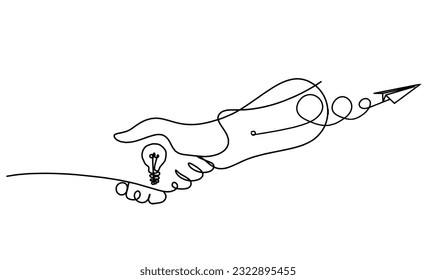 Abstract handshake and paper plane as line drawing on white background. Vector