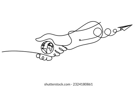 Abstract handshake and paper plane as line drawing on white background. Vector