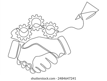 Abstract handshake and paper plane as line drawing on white background
