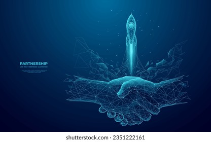 Abstract handshake and rocket launch. The digital conception of the best deals and start-up. Partnership or investment concept. Low poly wireframe vector illustration on technology blue background.